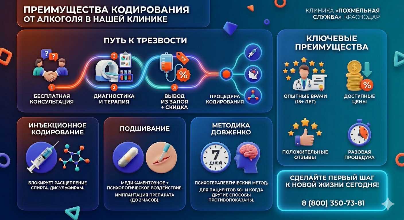 Инфографика о методах кодирования от алкоголя в Каргате: инъекции, подшивание, метод Довженко. Преимущества клиники и этапы лечения.