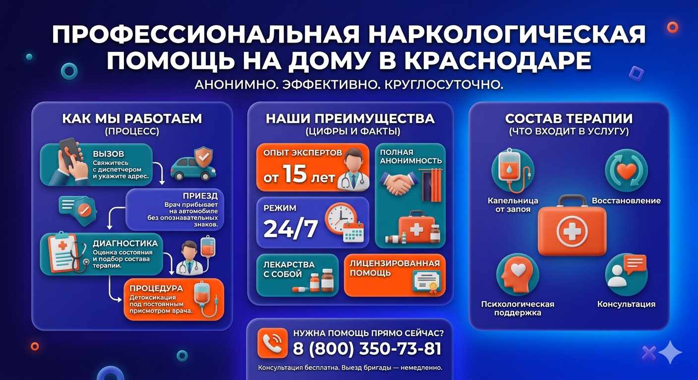 Инфографика о принципах лечения алкоголизма на дому в Каргате: этапы вызова нарколога, преимущества анонимной детоксикации и состав медицинской помощи.
